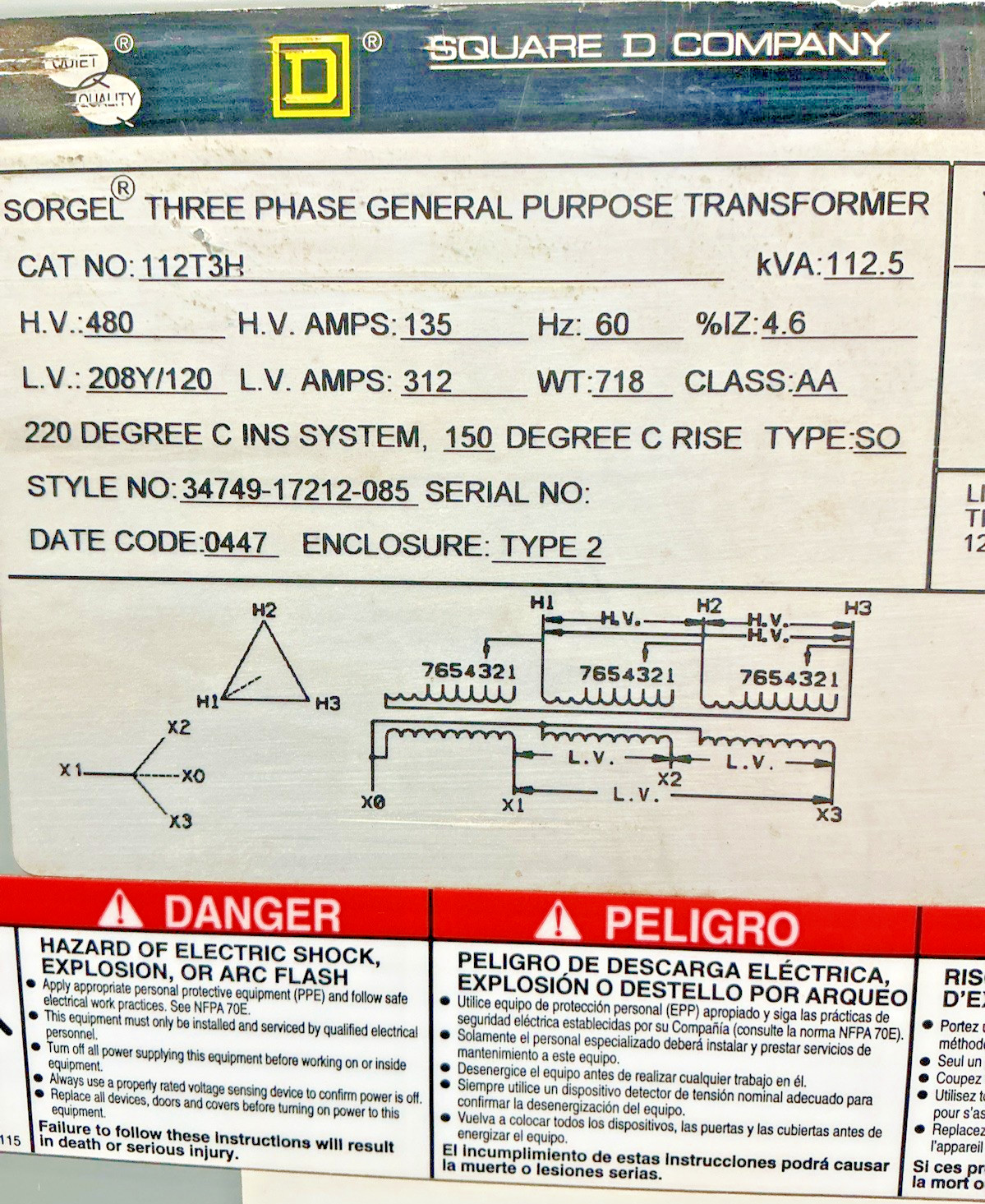 Square D 112.5kVA 480V Type 2 Transformer 3PH 60HZ 208Y/120V 112T3H 🟦