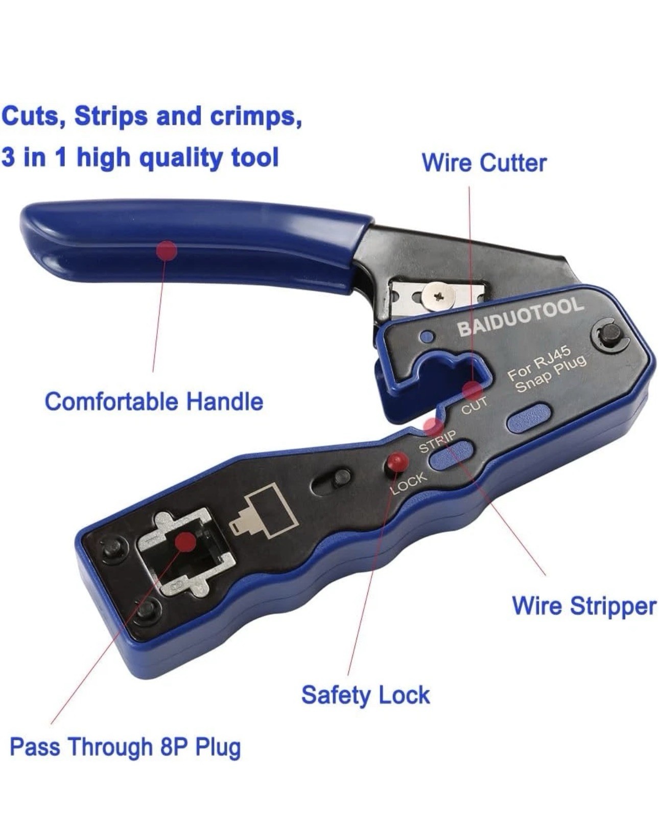 RJ45 Crimp Tool Kit &Tester Pass Through Crimper Cutter For cat5e Cat6;6a. 8P8C