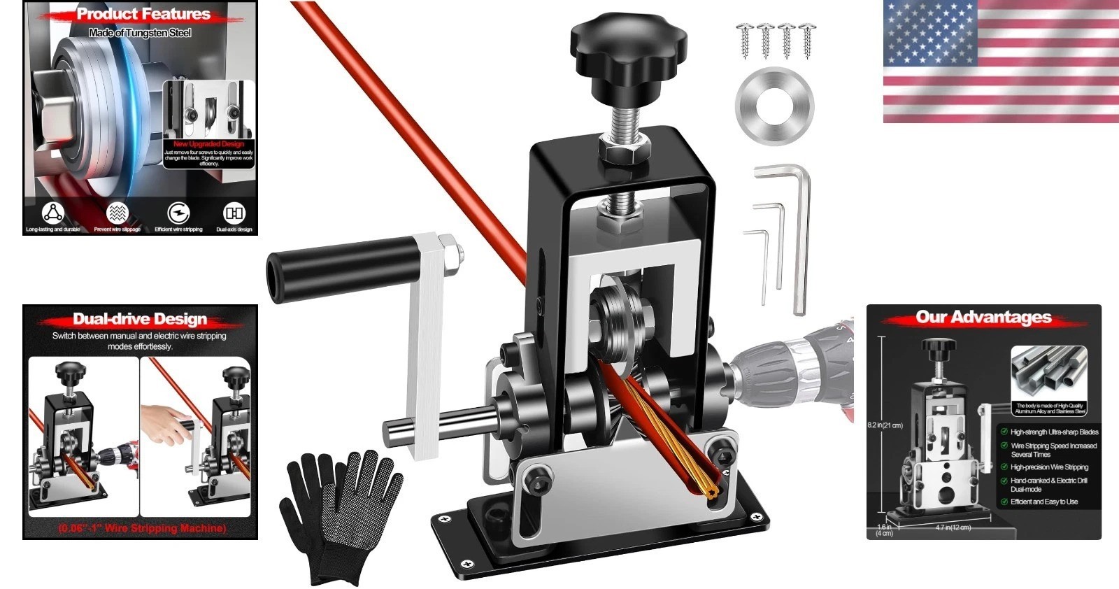 Dual-Drive Copper Wire Stripper: Drill Powered and Hand Crank Tool, 0.06″ to 1″