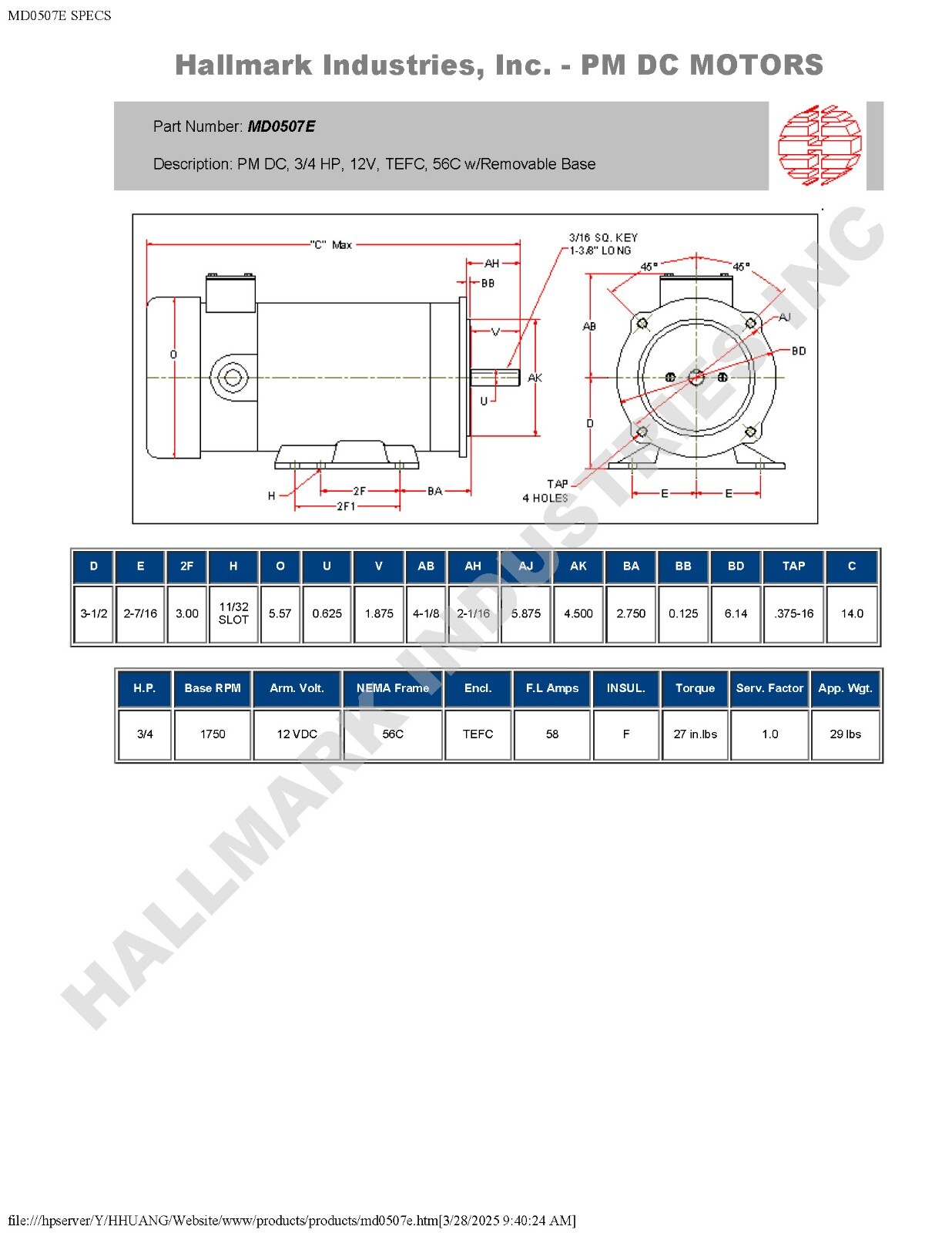 DC MOTOR, 3/4HP, 56C, 12V, 1750RPM, TEFC, Hallmark Industries