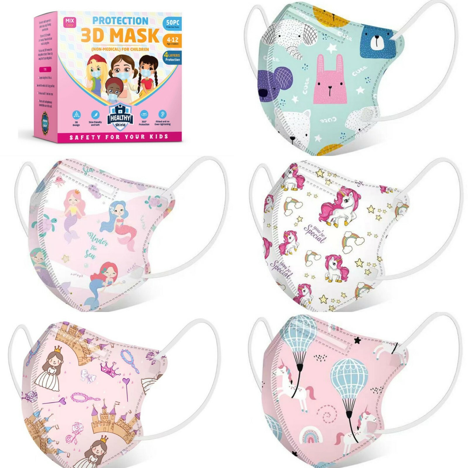 50Pcs Cartoon 3D Kids Girls BFE 95% Protective 4 Layer Pink Face Mask Disposable