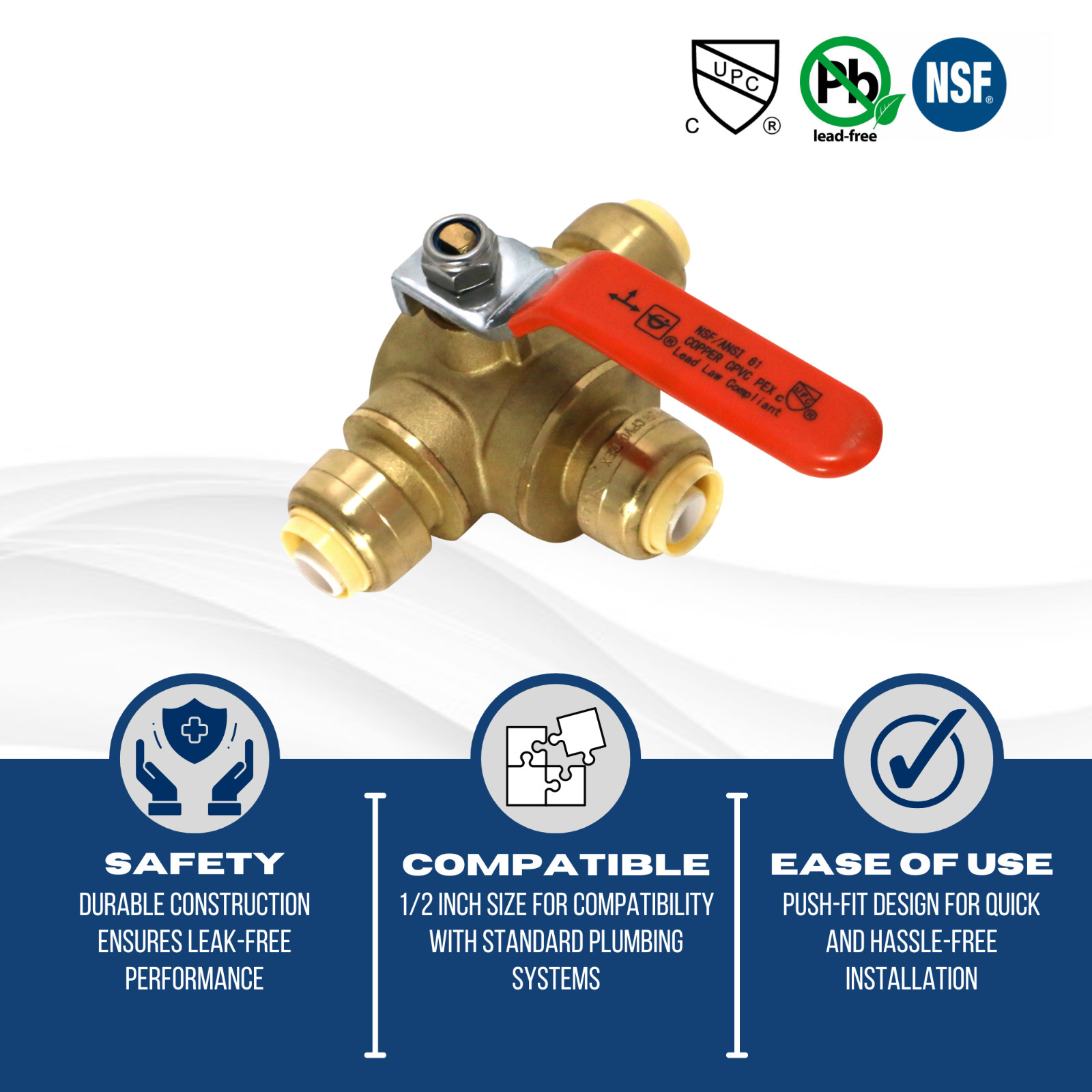 1 PIECES 1/2″ PUSH FIT 3 WAY BALL VALVE, FULL PORT, LEAD FREE BRASS