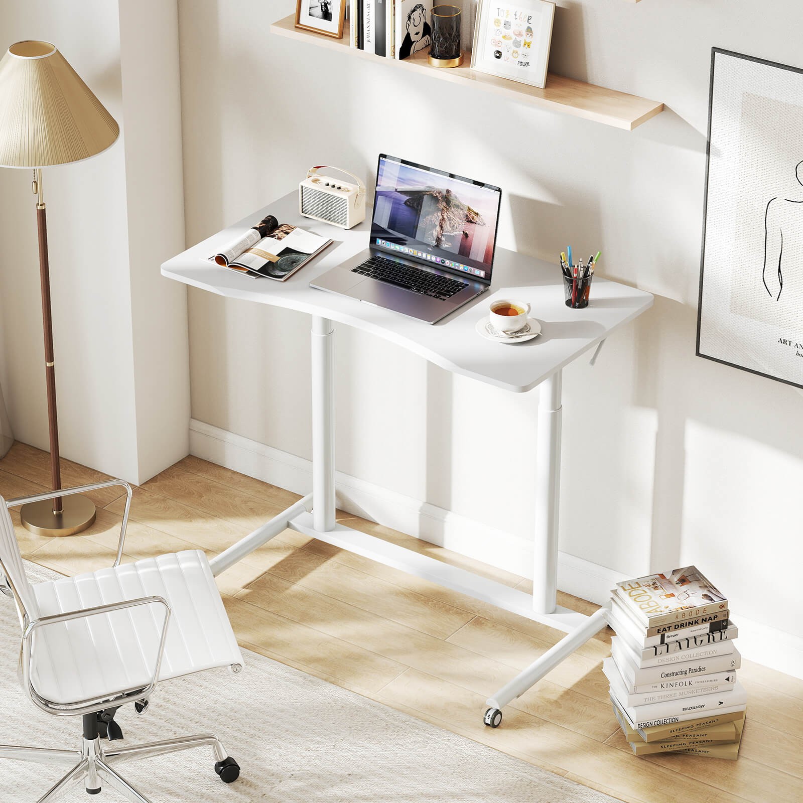Costway Height Adjustable Computer Desk Sit Stand Rolling Notebook Table White