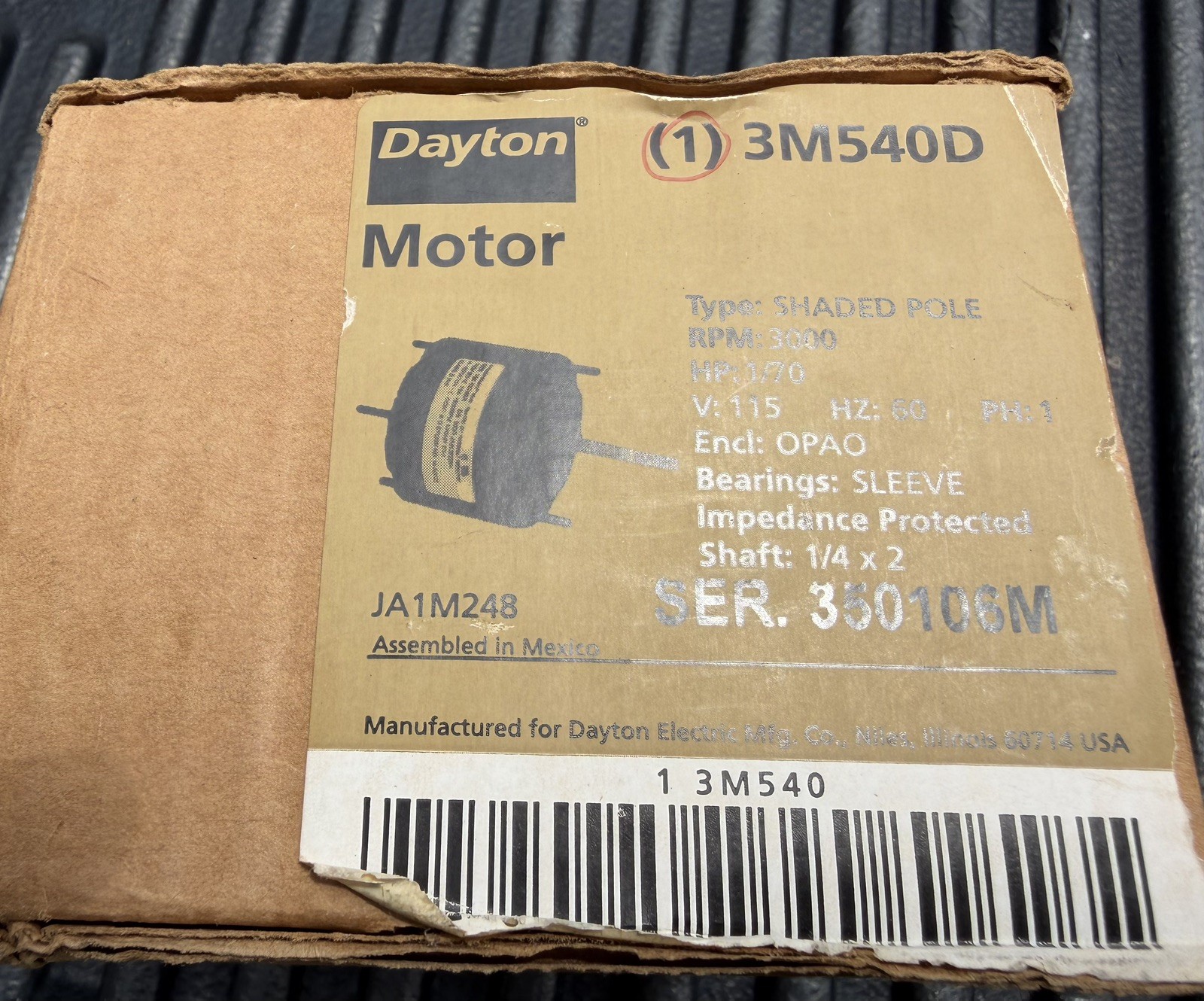 Dayton 3M540D Shaded Pole Motor 1/70HP 3000 Rpm 115V OPAO Enclosure 1/4×2 shaft