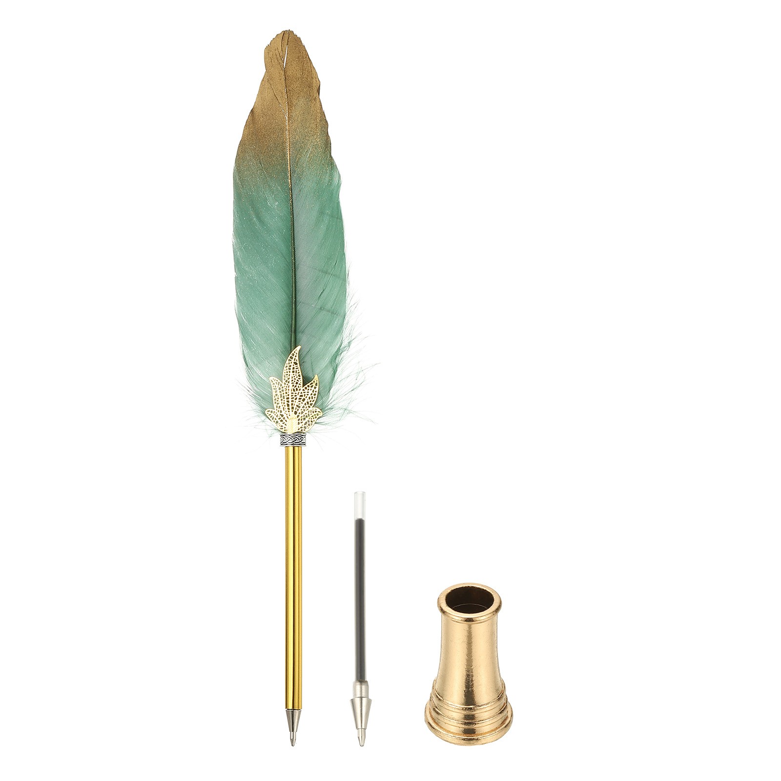 Feather Pen Quill, Ballpoint Pen with Golden Pen Holder, Dark Green