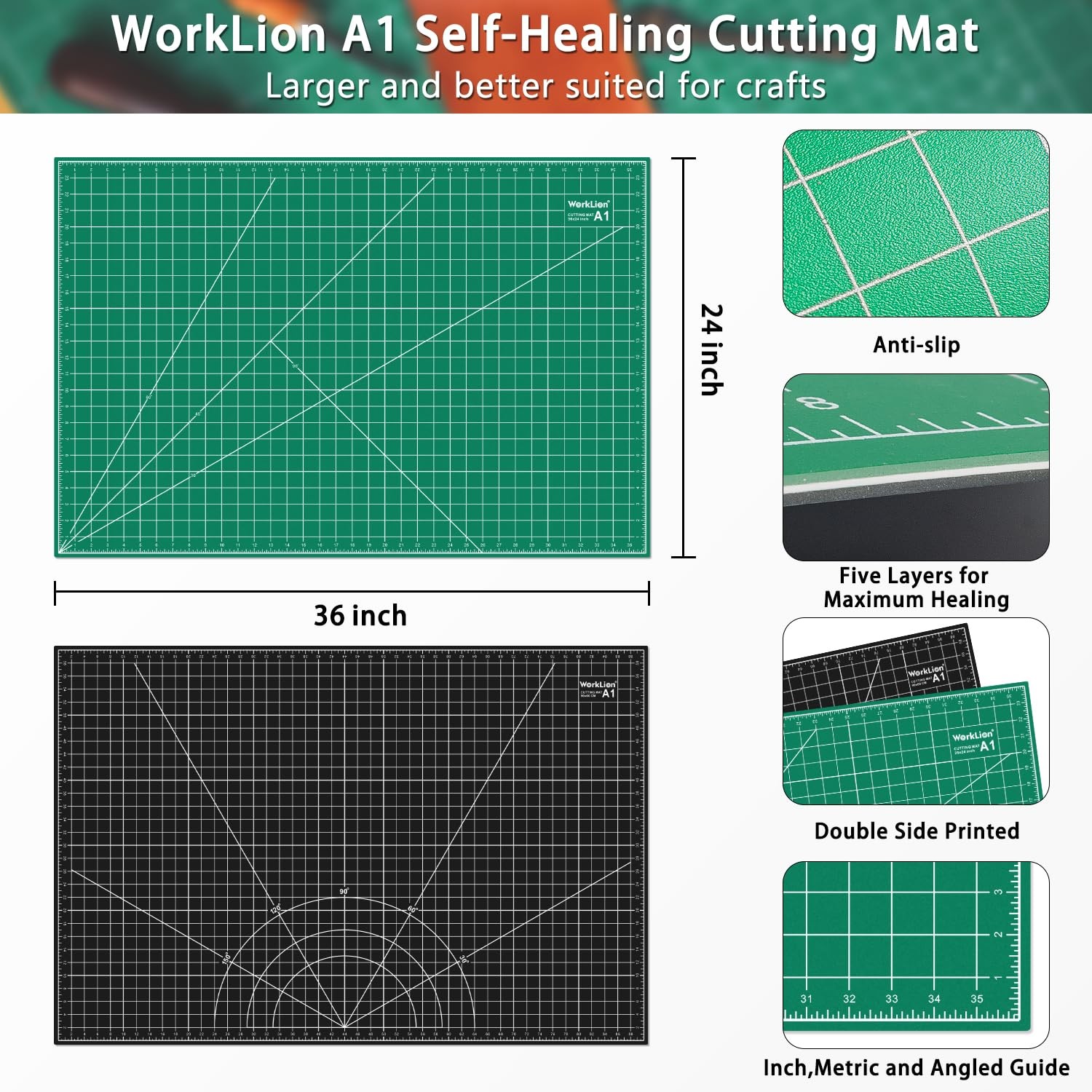 WORKLION Self Healing Cutting Mat: 24 x 36 inch 36″L x 24″W, Black/Green