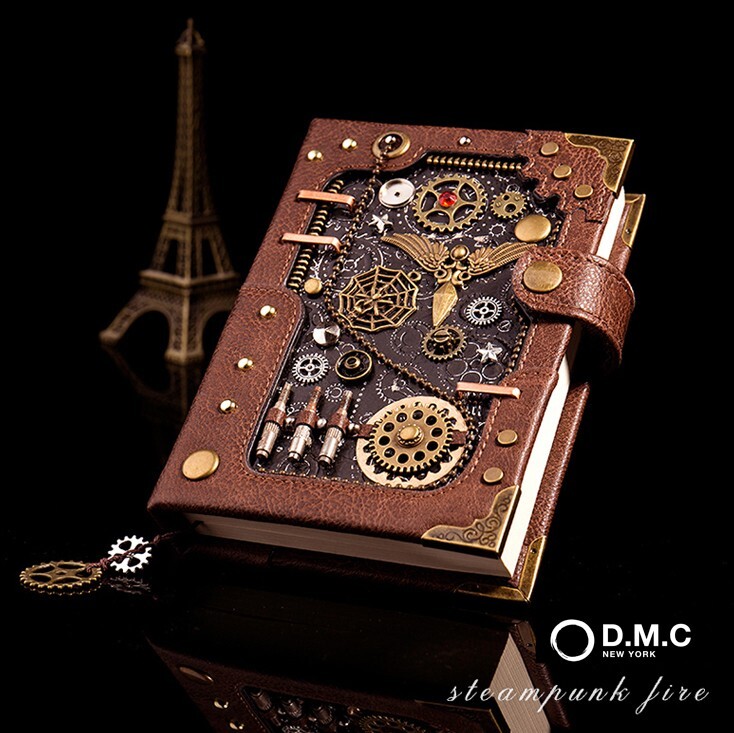 Handmade Steampunk Notebook Leather Journal with customized bookmark and stamp
