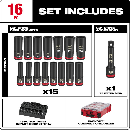 Milwaukee 49-66-6803 16PC SHOCKWAVE Impact Duty Socket 1/2” Drive 16PC MM Set