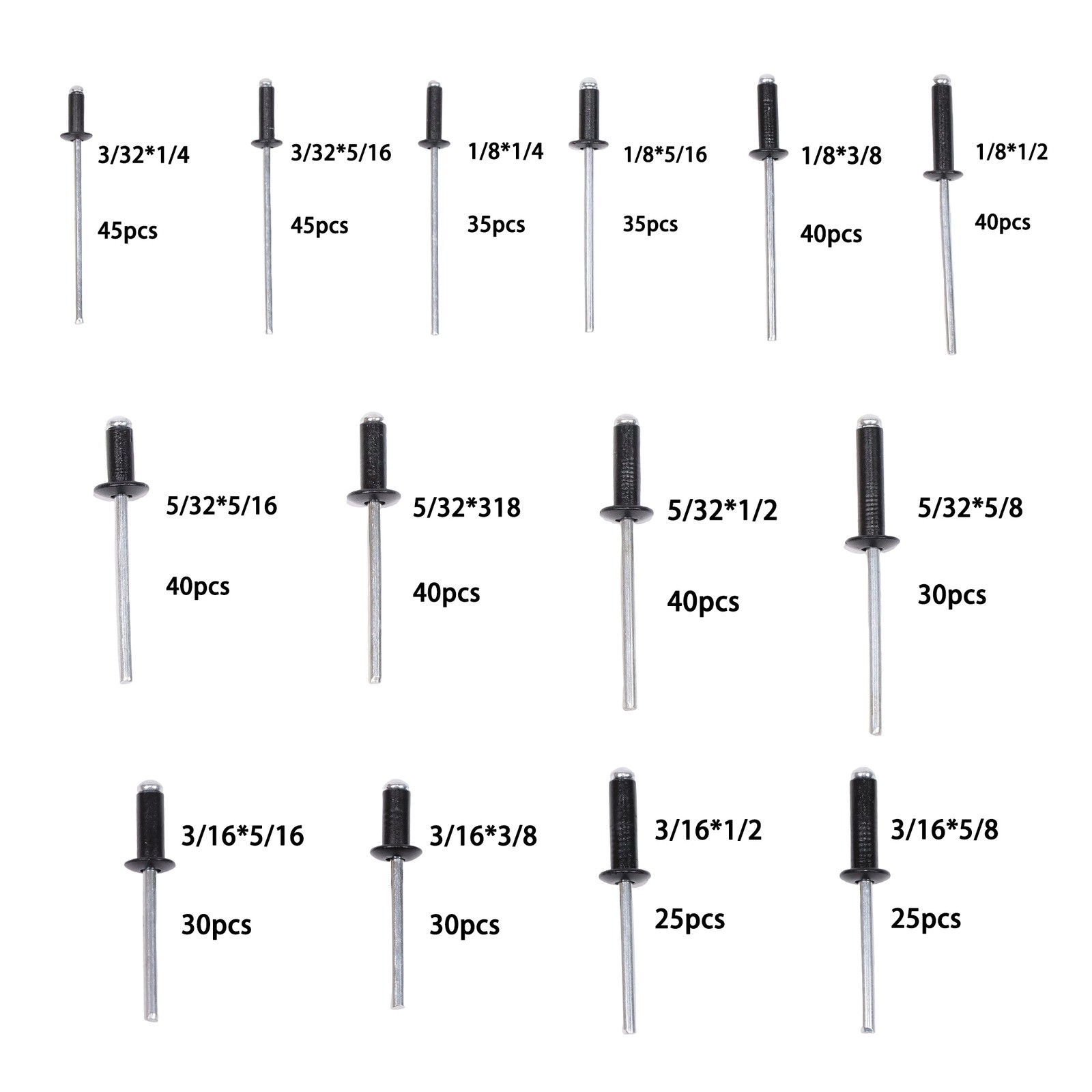 500 sets of rivet kits 3/32″ 1/8″ 5/32″ 3/16″ With 14 Standard Sizes W/ a Box