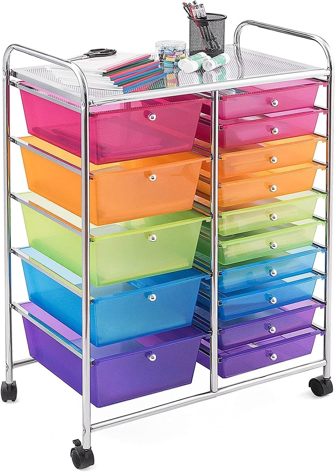 COSTWAY 15 Drawer Rolling Storage Cart, Mobile Utility Cart with Rainbow