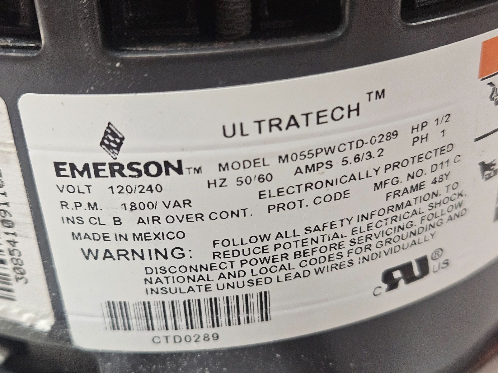 Emerson UltraTech M055PWCTD-0289 A01426-002 1/2 HP ECM Blower Motor