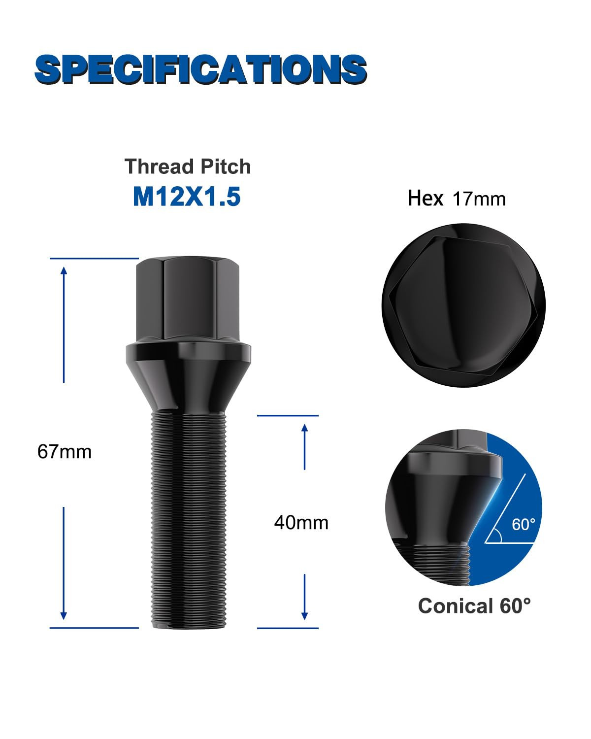 Extended 12×1.5 Lug Bolts for BMW E-Series, 20pcs, 40mm Shank, Black