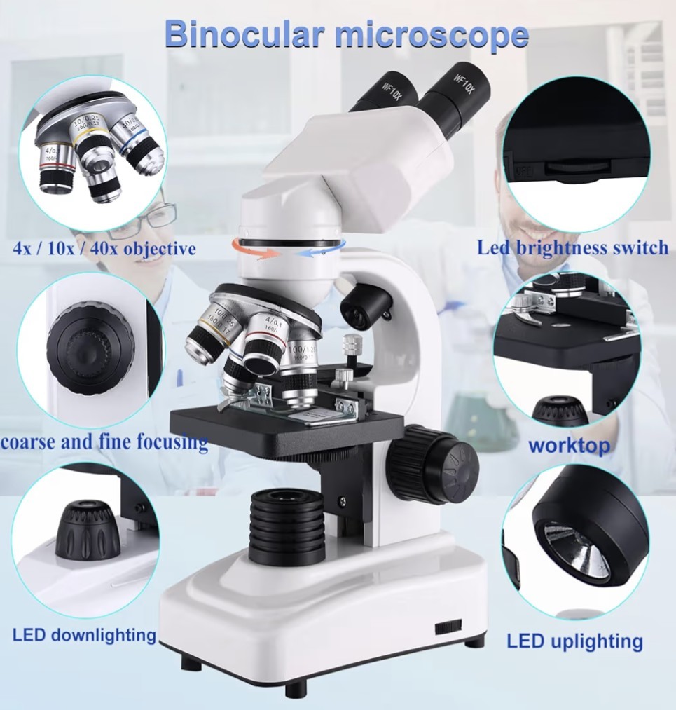 Compound Microscope, 40X-2500X, WF10x and WF25x Eyepieces, Dual Lighting & Mecha