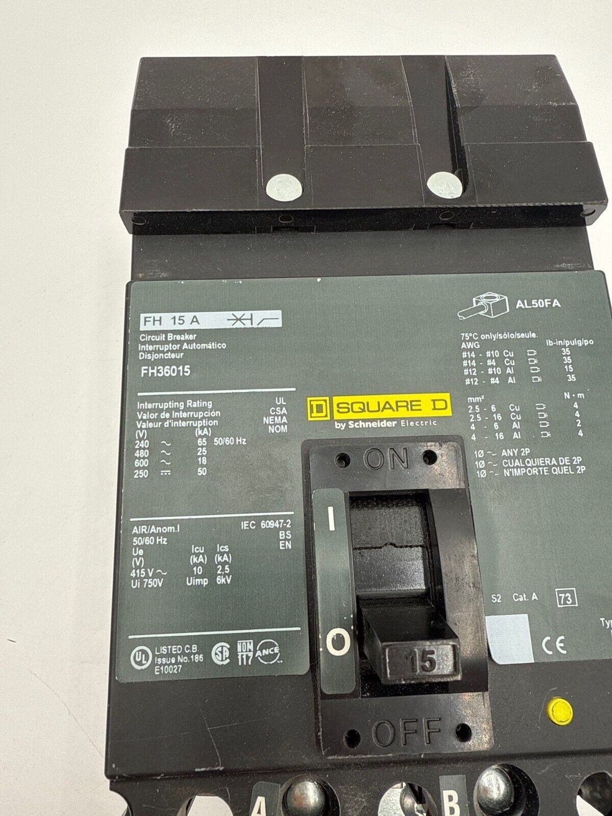 Square D FH36015 I-Line Circuit Breaker 15A 3P 600V 3PH FA 15 Amp 3 Pole Used