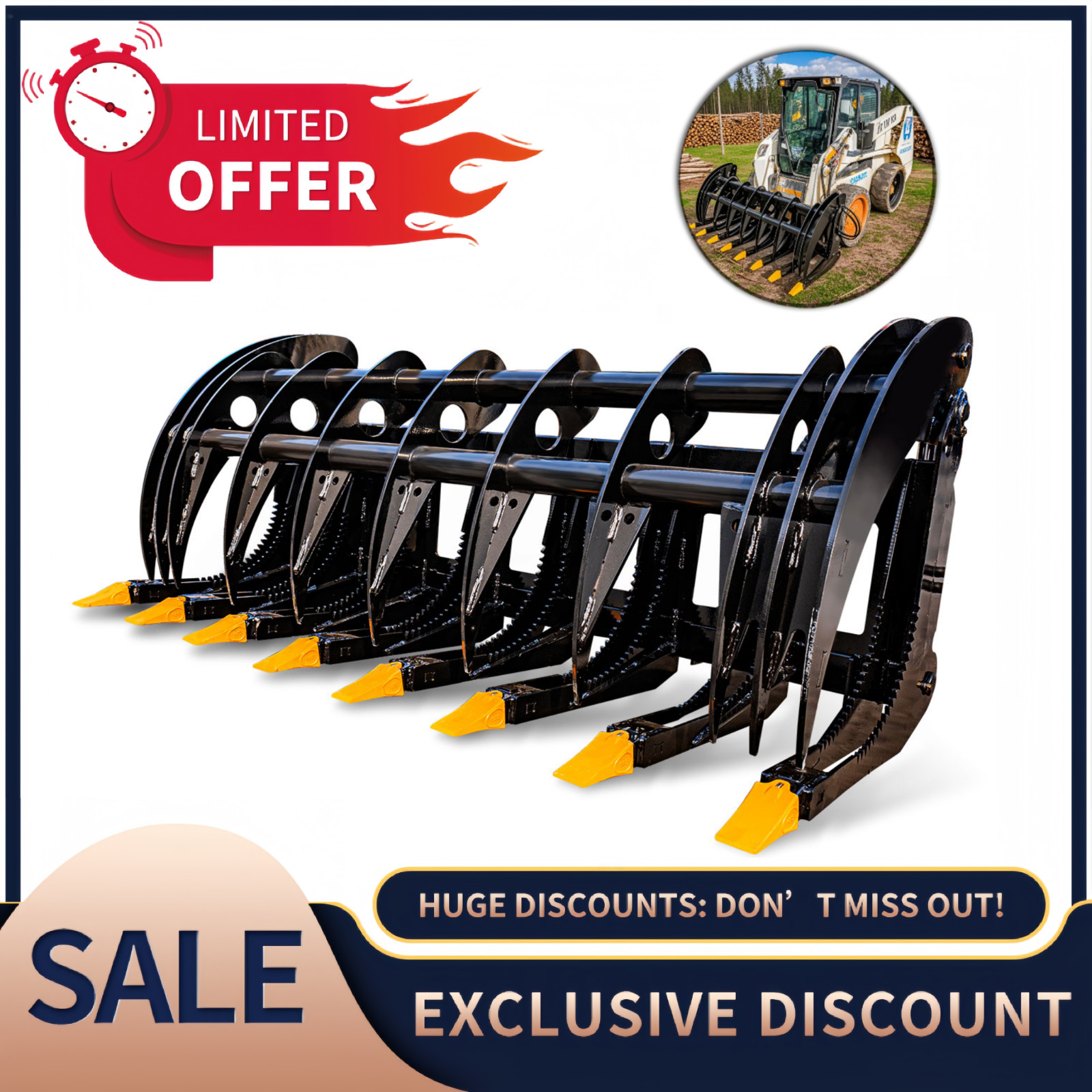 72inch Forestry Rake Clam Grapple Root Attachment Fit Bobcat Skid Steer Loader