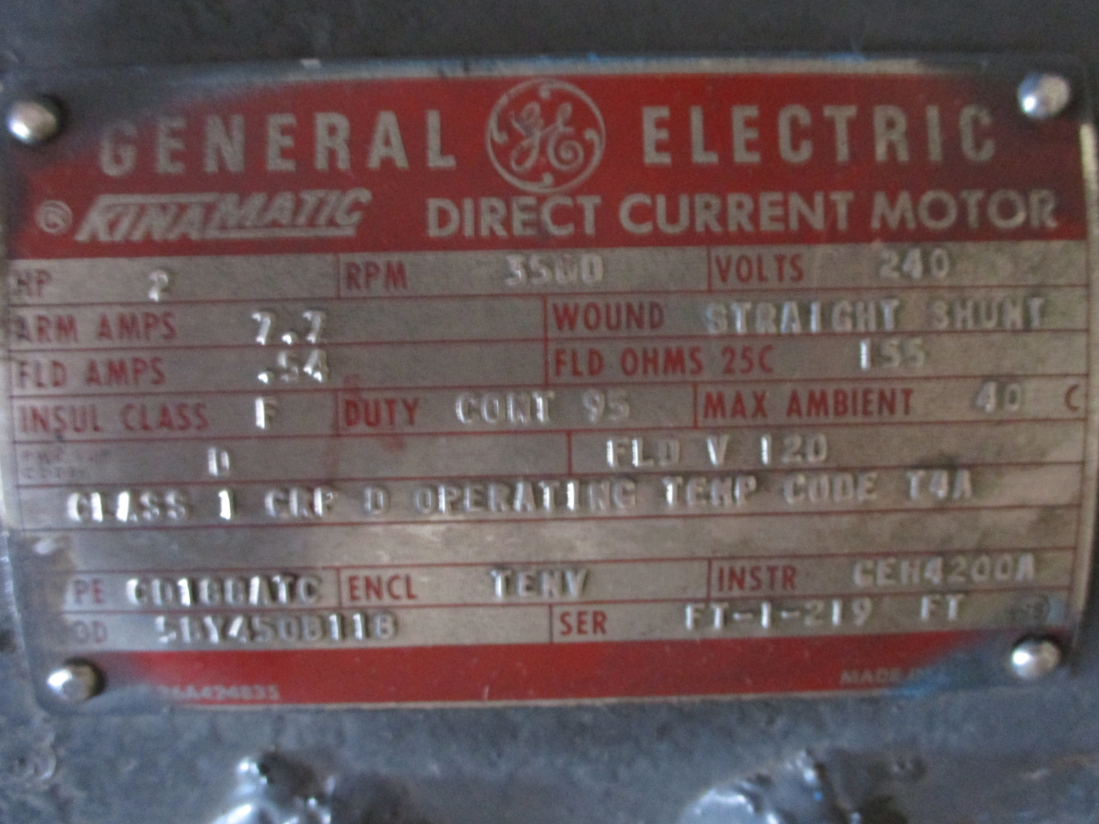 GENERAL ELECTRIC 5BY450B118 TYPE CD188ATC KINAMATIC DIRECT CURRENT MOTOR 2HP