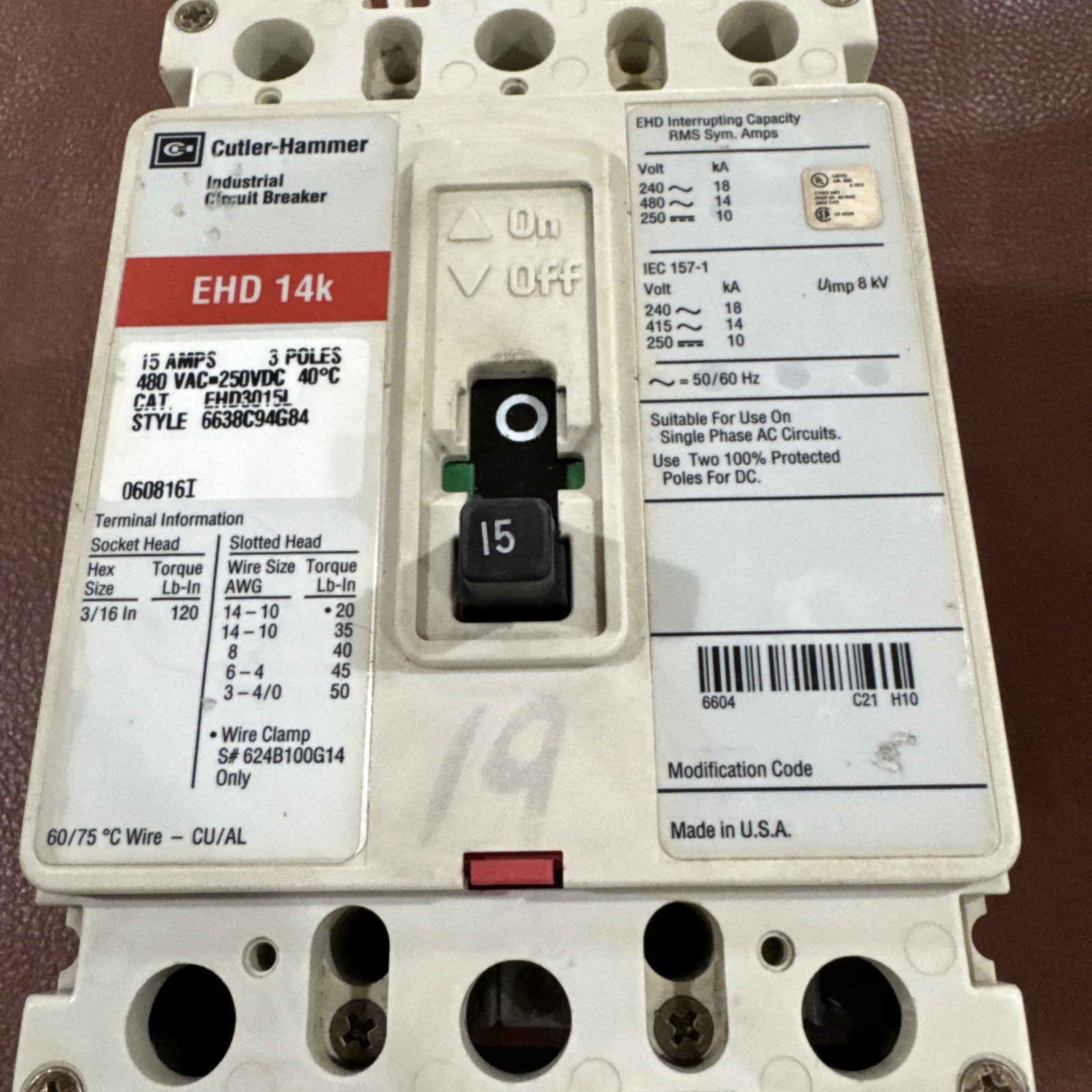 Eaton Cutler Hammer EHD3015L 3P 15A Circuit Breaker 3 Pole 15 Amp 480V EHD 14k
