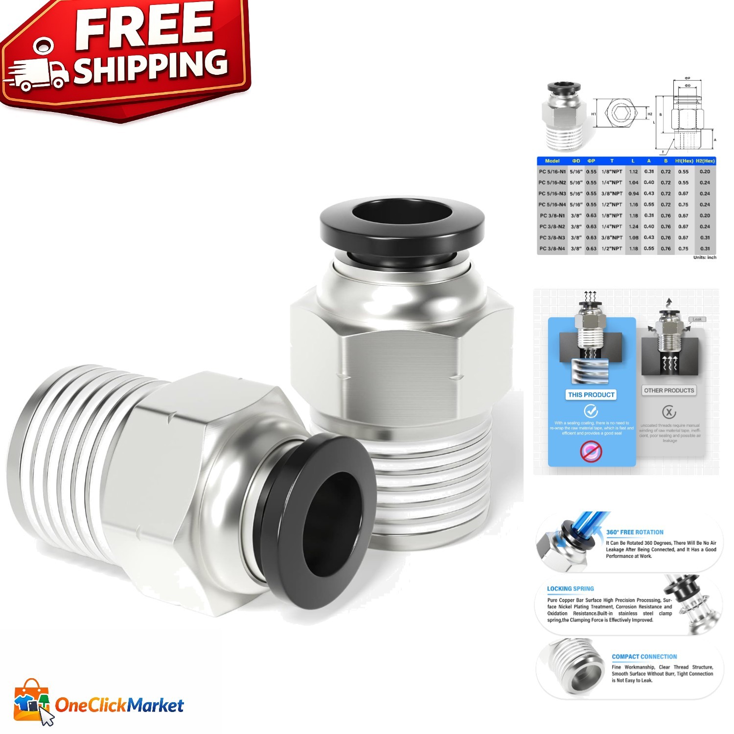 Durable Straight Push Fittings, Copper & Plastic, 5/16″ OD x 1/4″ NPT – 2 Pack