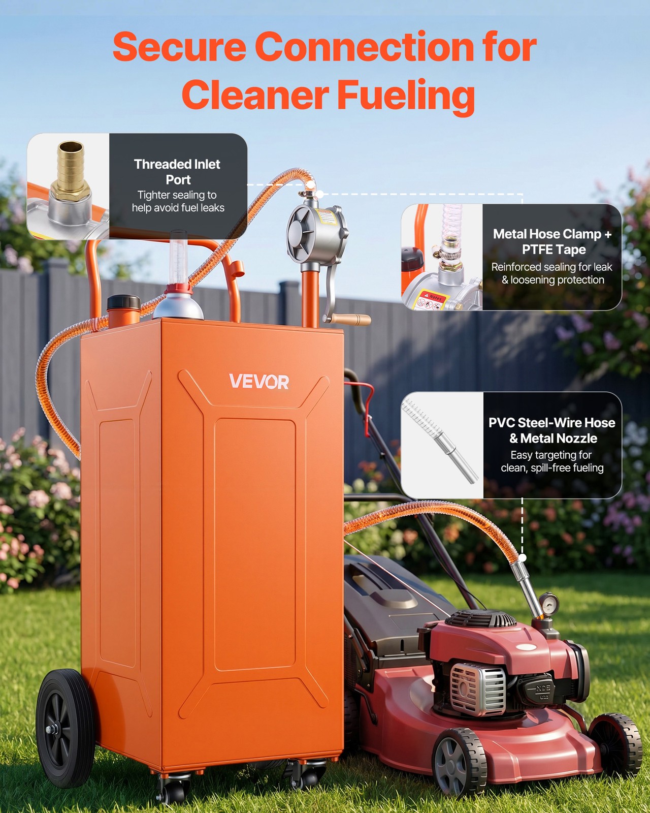 VEVOR 35 Gal Fuel Gas Caddy Portable Storage Tank Manual Pump 4 Wheels Orange