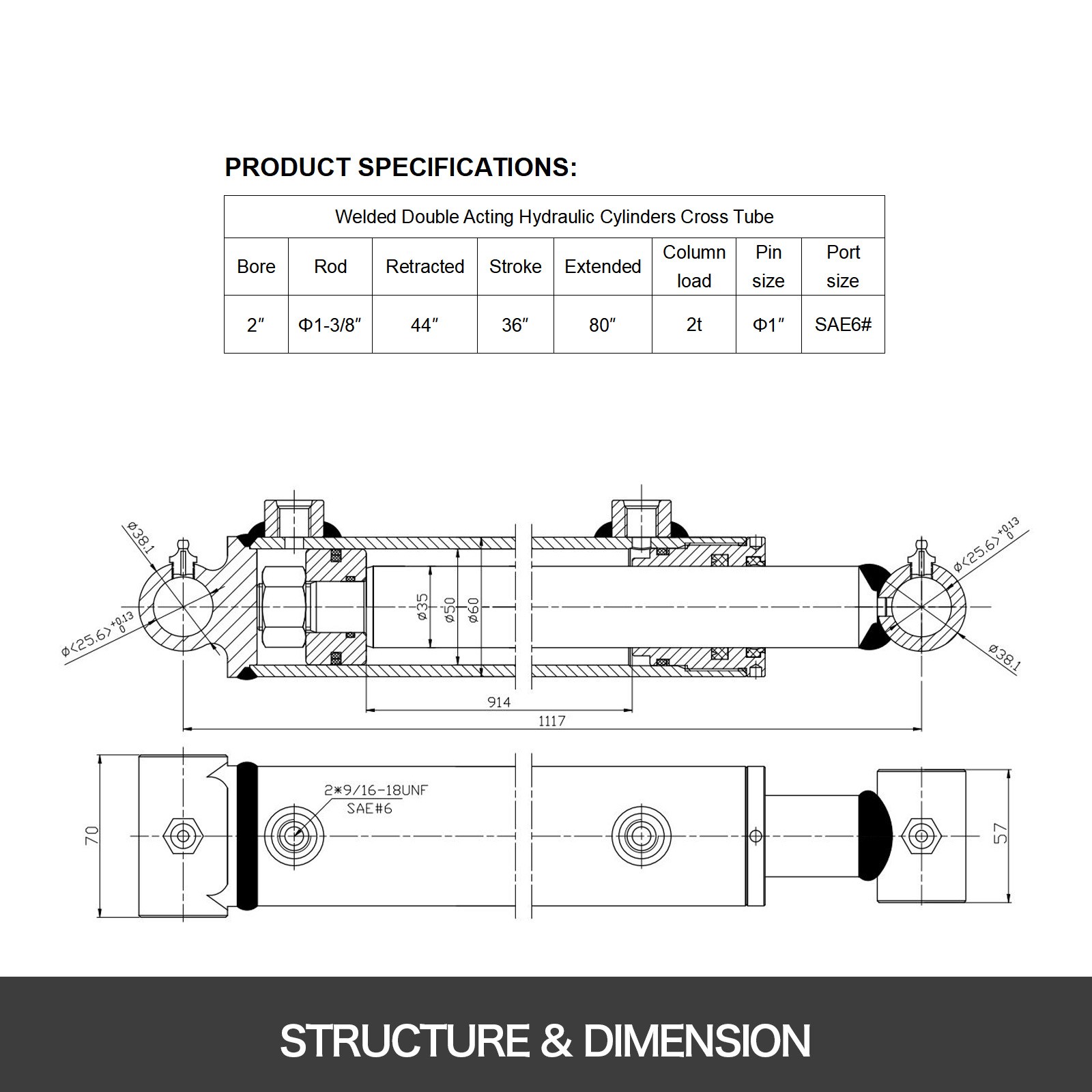 Uimoso 2 x 36 Inch Hydraulic Cylinder, Double Acting, Welded Design, Cross Tube