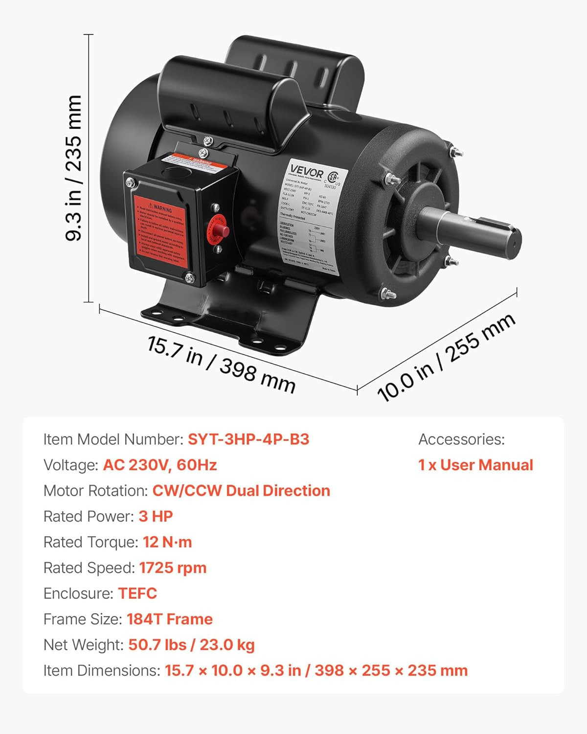 3 HP Electric Motor 1750 RPM, Single Phase 230V, 1.125in Shaft, 184T Frame