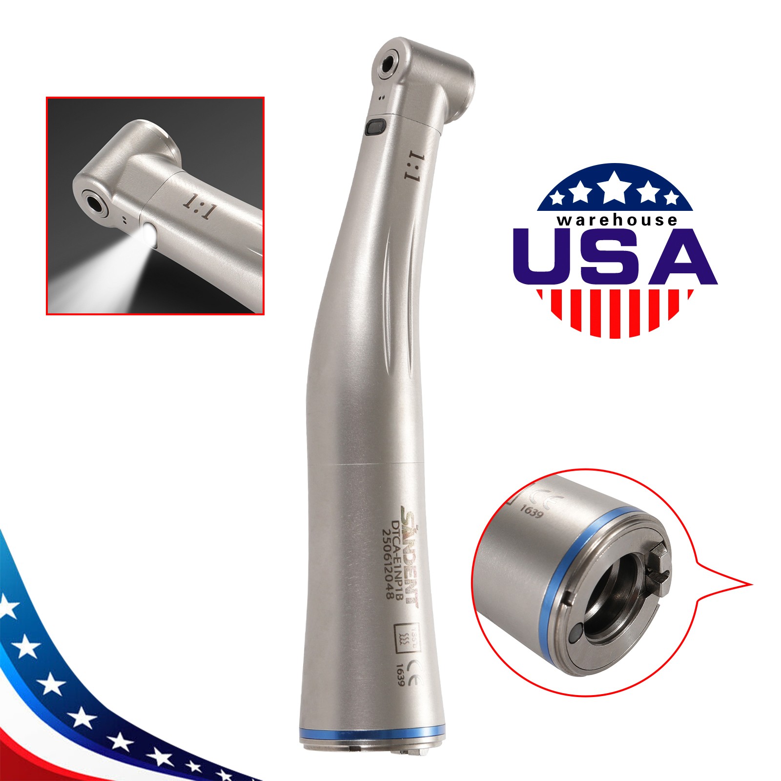 1-5 SANDENT LED Dental 1:1 Fiber Optic Contra Angle Low Speed Handpiece NEW