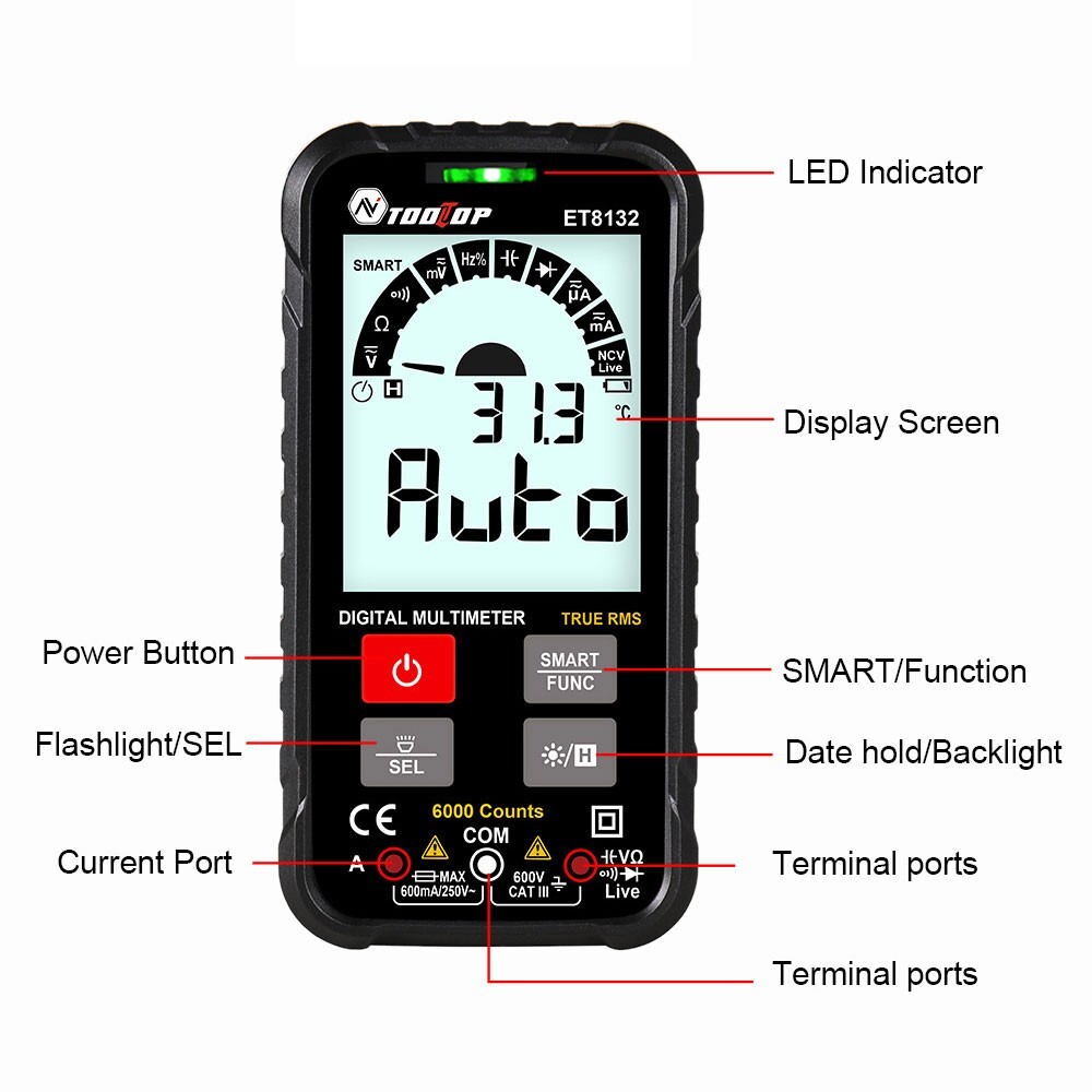 ET8132 600V 600mA 6000 Counts Digital Multimeter for NCV & Live Wire #sz