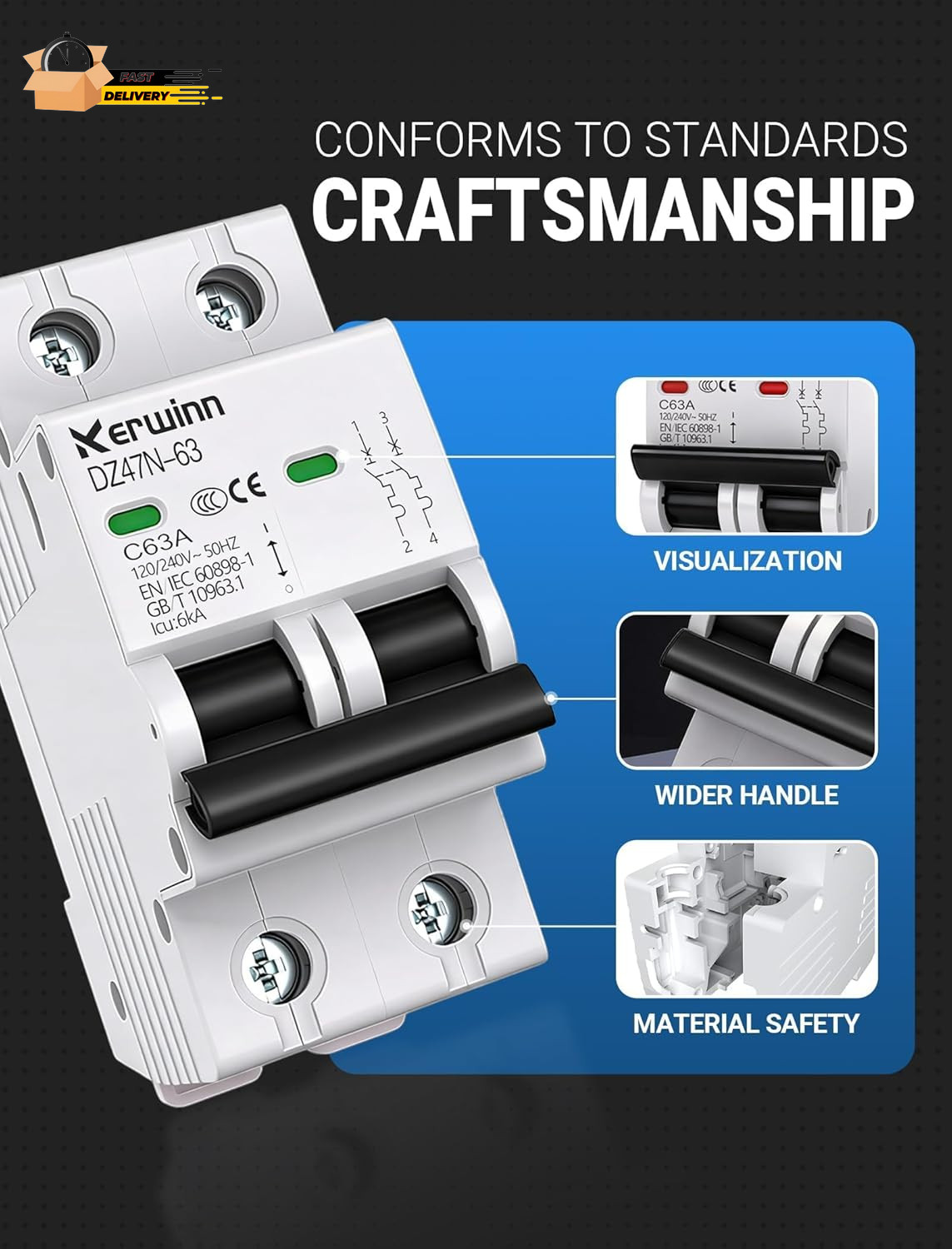 AC Miniature Circuit Breaker 2 Pole 50A (MCB),120V/240V 50/60Hz DIN Rail Mount