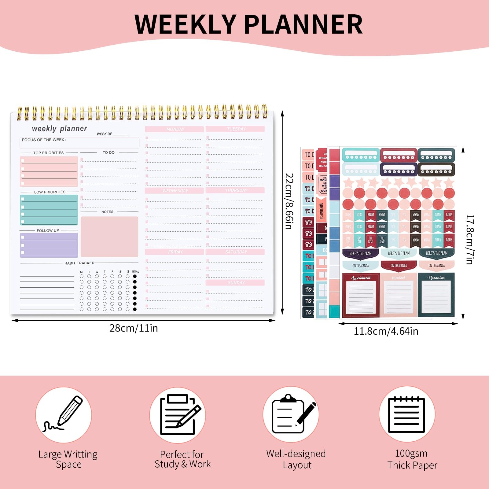 Thboxes Weekly Desk Planner, 8.5×11 In To Do List inches, Pink