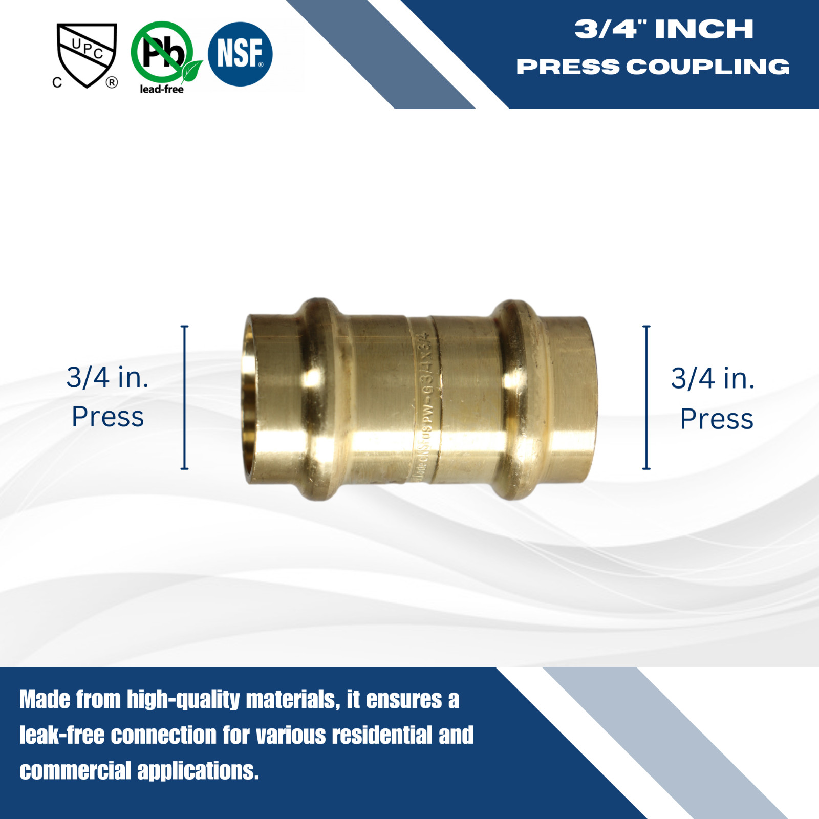 25 Pieces 3/4″ Press Coupling, Press Fit, Lead Free Brass
