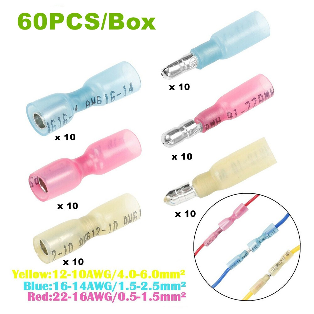 Heat Shrink Bullet Female Male Wire 22-10WAG Connector Crimp Terminal Kit 60PCS