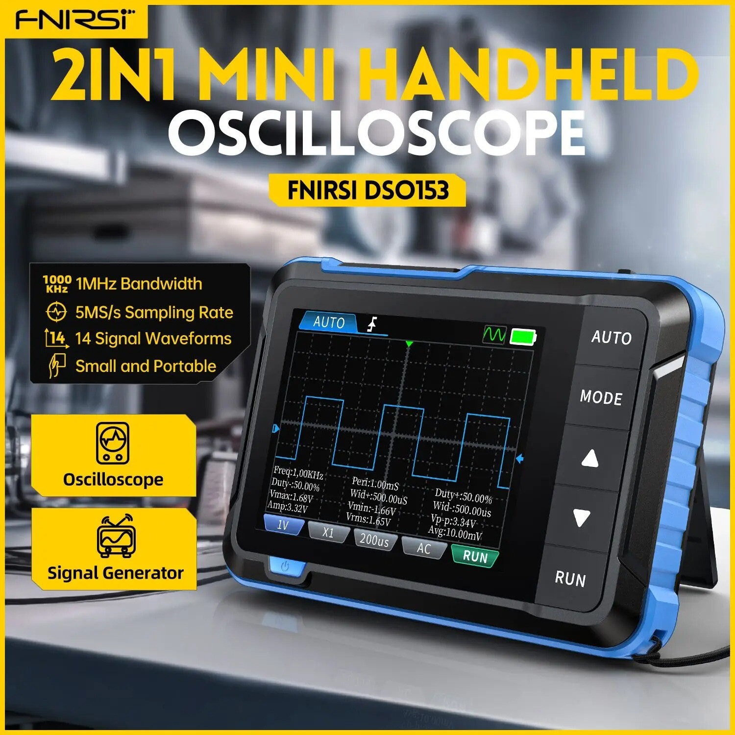 FNIRSI Portable Oscilloscope Signal Generator 2in1 1MHz Bandwidth 5MSa/s DSO153