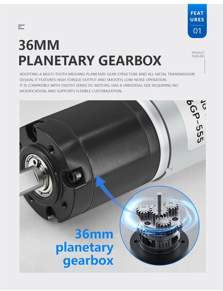 36GP-555 Planetary Micro Gear Motor 12V24V Ball Bearing Metal Shaft Diameter 8MM