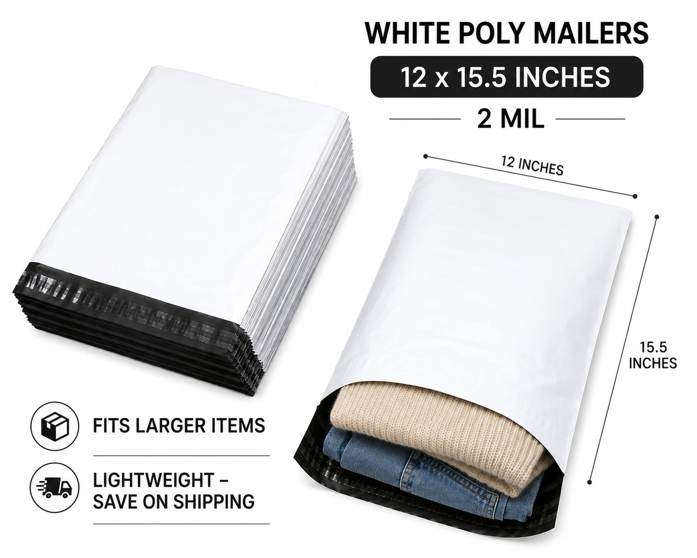 2 MIL Poly Mailers 12×15.5 Shipping Bags Self Seal Waterproof Bulk 100-500