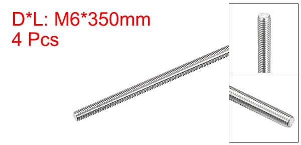 4pcs Fully Threaded Rod M6x350mm 1mm Pitch 304 Stainless Steel Right Hand