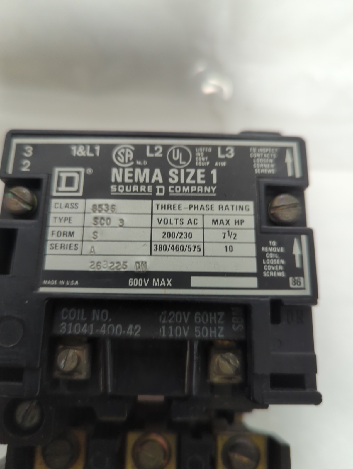 SQUARE D,8536-SCO 3,MOTOR STARTER SIZE 1 SERIES A PRE-OWNED