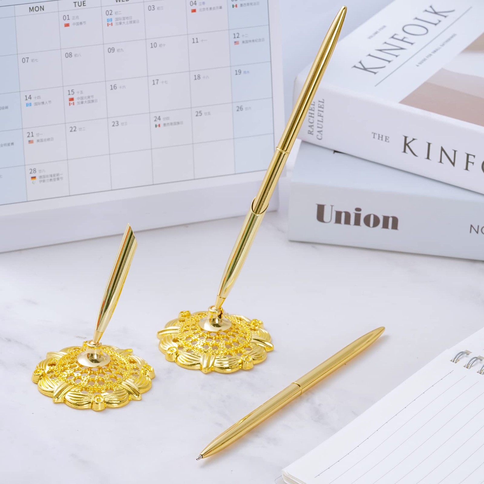 2Pcs Gold Wedding Pen and Metal Pen Stand Holder Set Signing Desk Ballpoint Pens