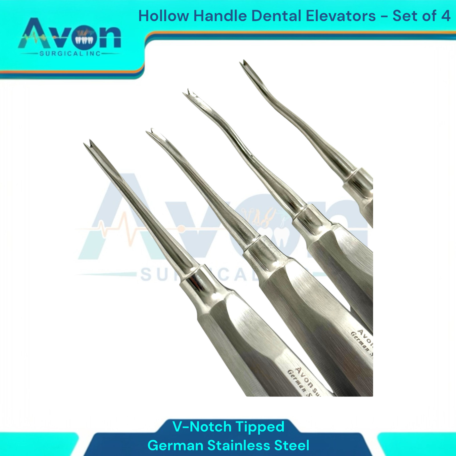 Periotome Apical Dental Elevator V-Notched Grooved, Hollow Handle (Set of 4)