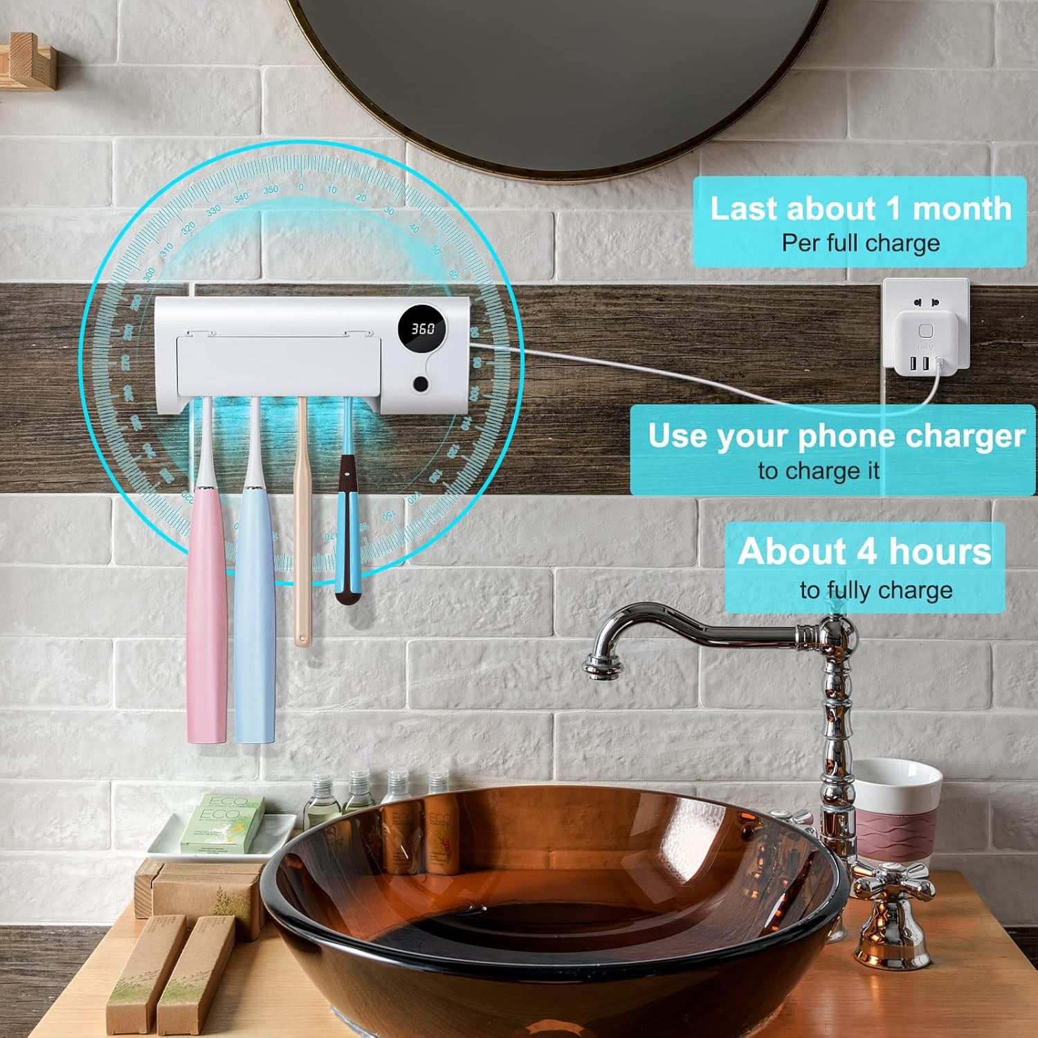 4 Slot Rechargeable Toothbrush Cleaner Wall Mount No Drilling Timer