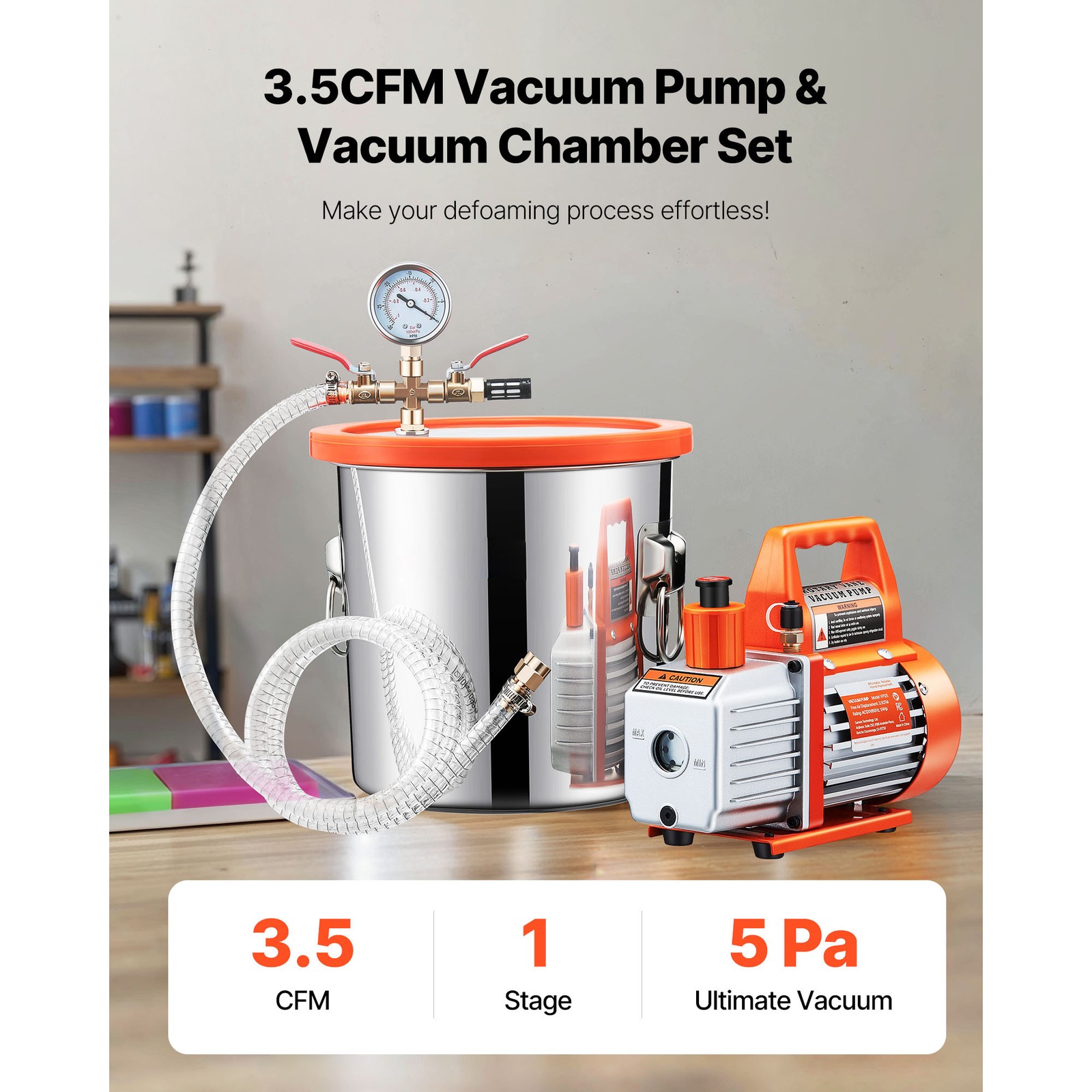 Uimoso 3.5 CFM Vacuum Pump with 3-Gallon Stainless Steel Degassing Chamber Kit