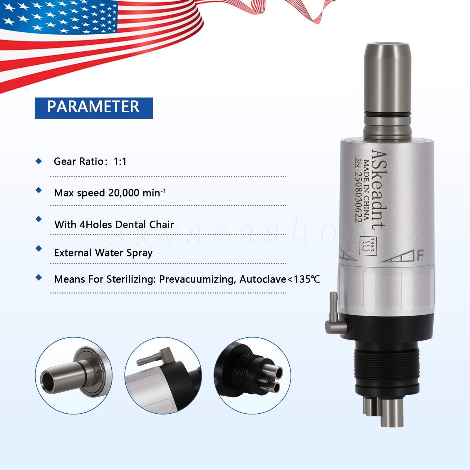 ASkeadnt Dental slow low Speed Handpiece Air Motor 4 Holes E-Type Connector FX