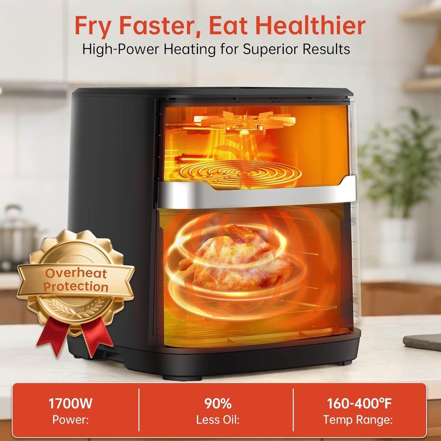 6.8QT Air Fryer 10-in-1 Cooker with Visible Window 1700W Bottom Heater Black
