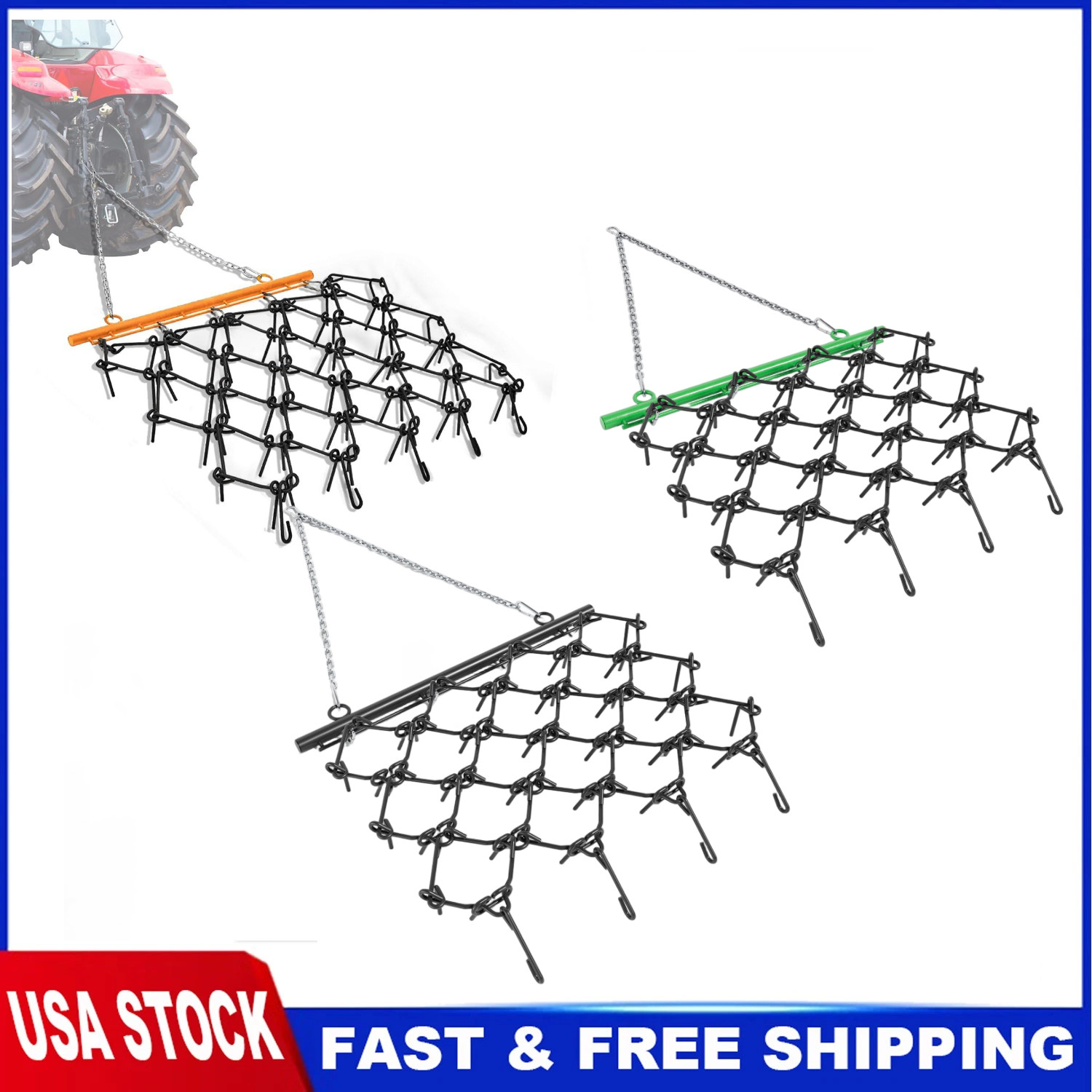 Drag Harrow for ATV UTV Tractor, 4×4 ft & 5×4.5 ft, 3/8″ 1/2″ Teeth, Tow Behind