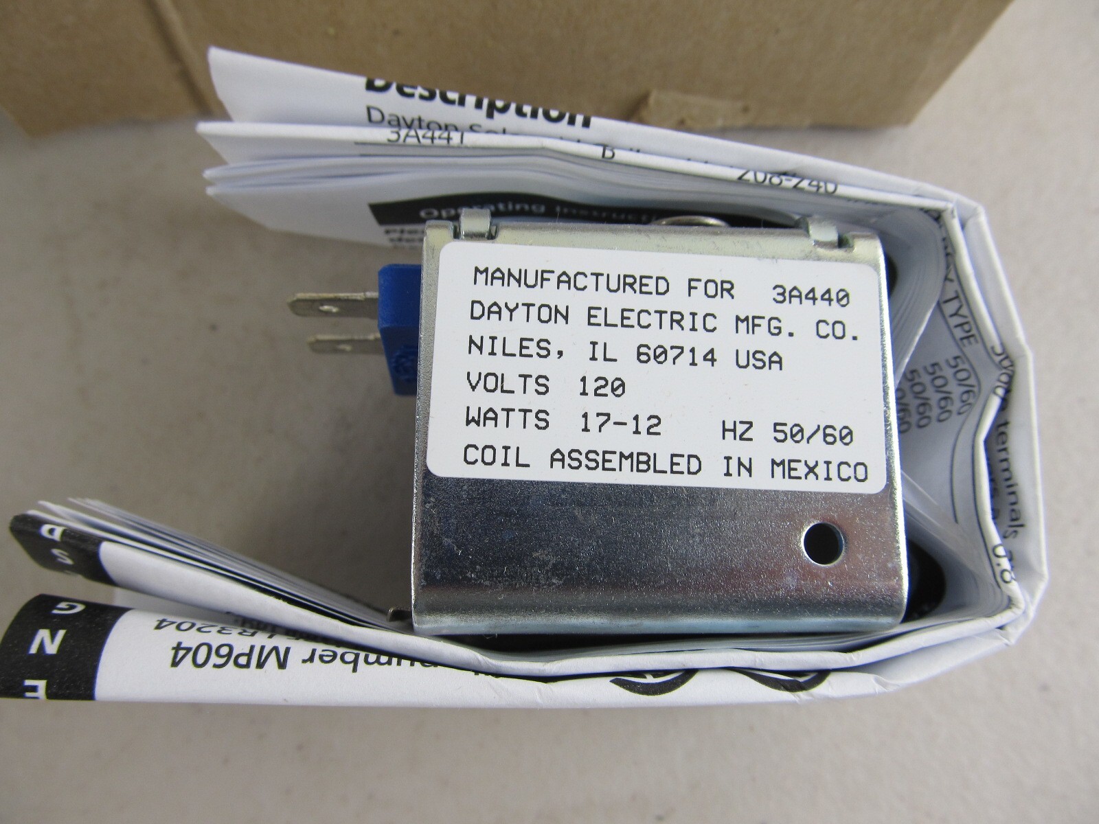 Dayton 3A440 Solenoid Coil 120 Volts AC 50/60Hz Spade Class F New in Box