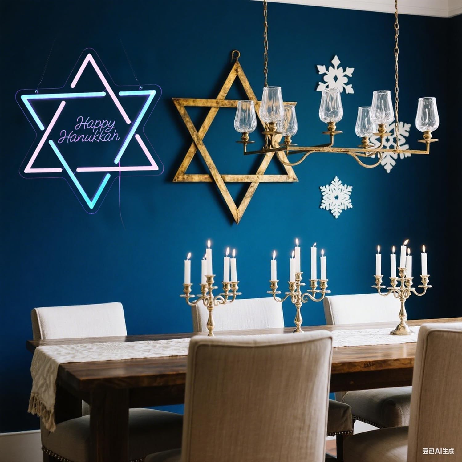 Hanukkah Neon Sign, | David Star Pink Blue Gradient LED Light with ‘Happy Han…