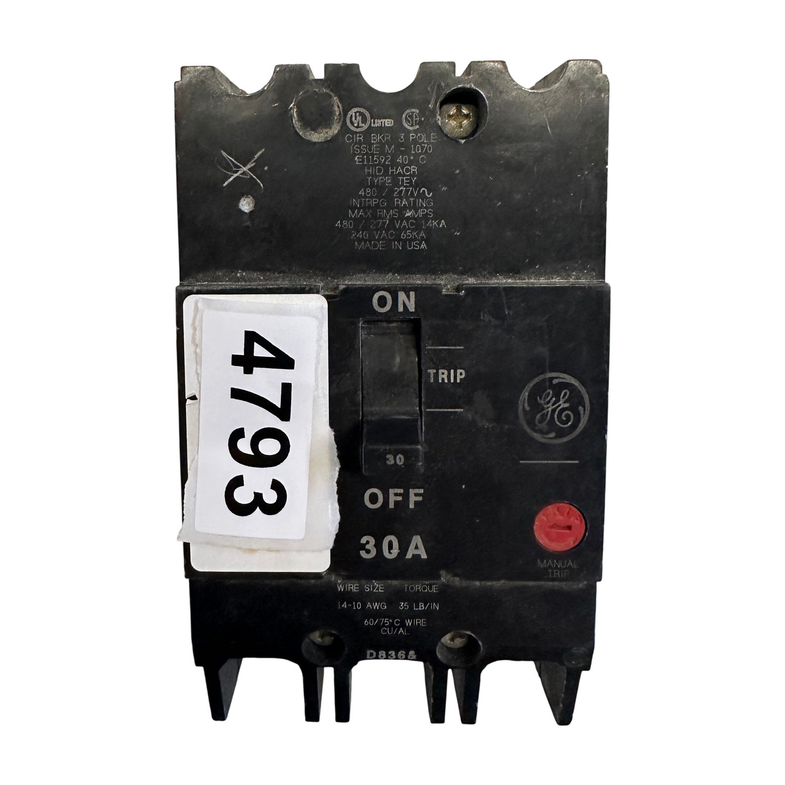 GE TEY330 30A 3-Pole 480V Type TEY Circuit Breaker HACR
