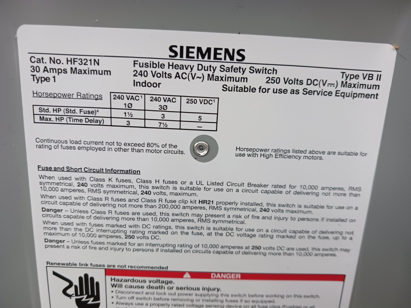 New Siemens 30 Amp Fusible Safety Switch HF321N 240 Vac 3 Pole
