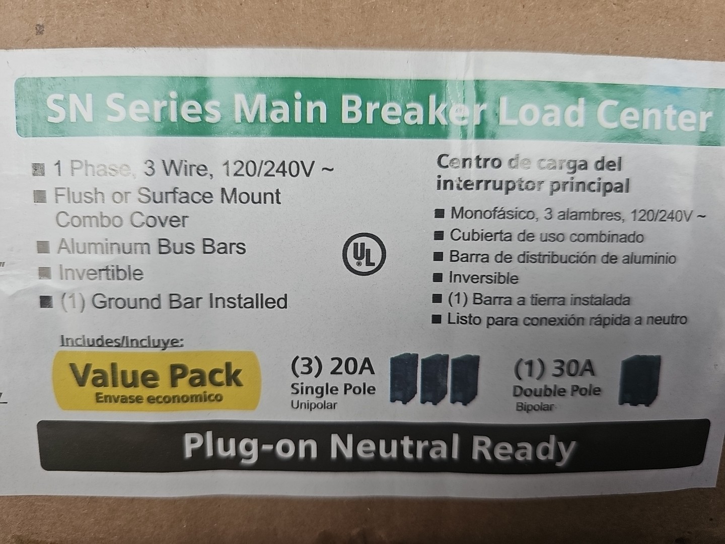 Main Breaker SN Series 100 A 20Space 20Circuit Plug-On Neutral Read DESCRIPTION