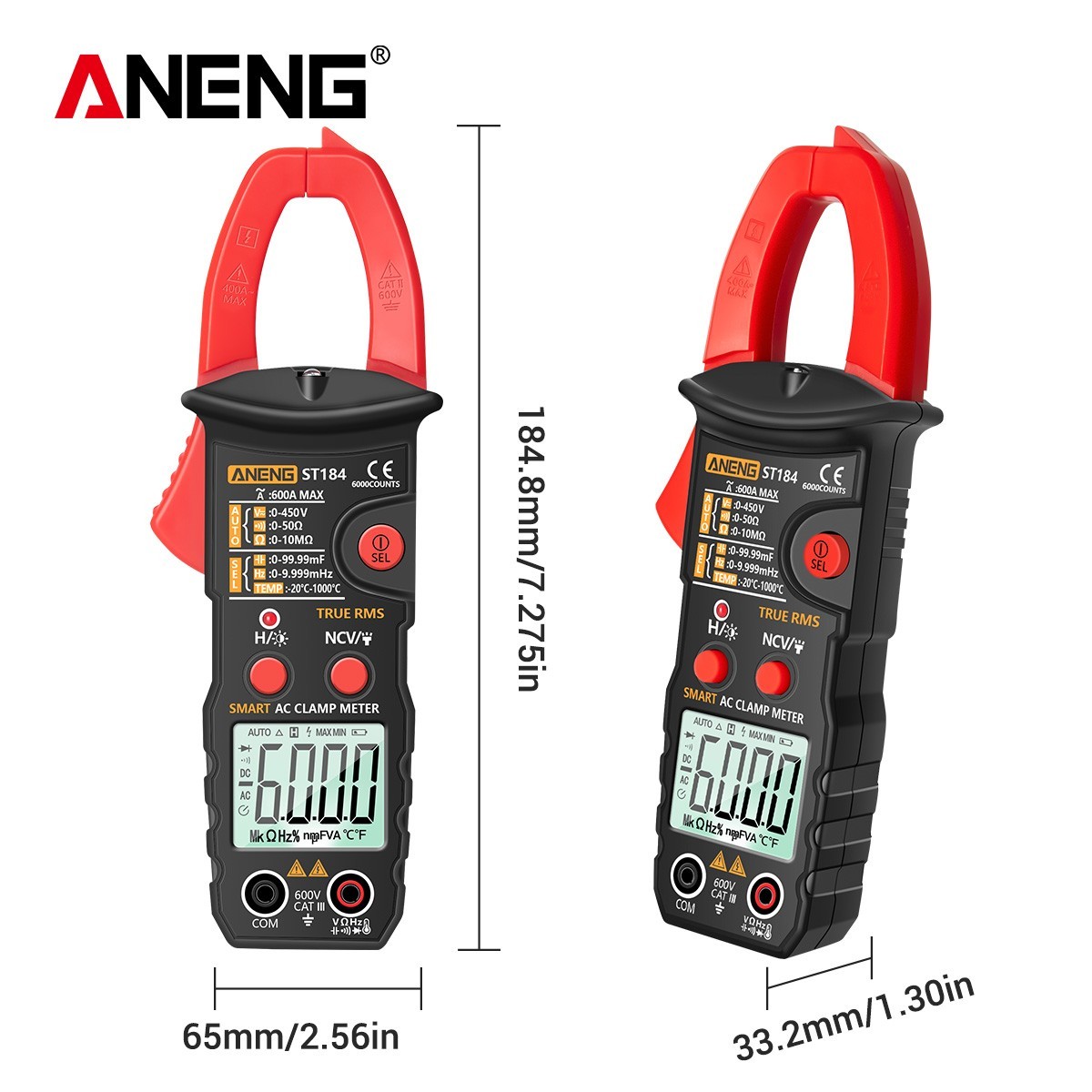 ANENG ST184 Clamp Meter True RMS 600A AC Auto Range NCV Temp Tester 6000 Counts