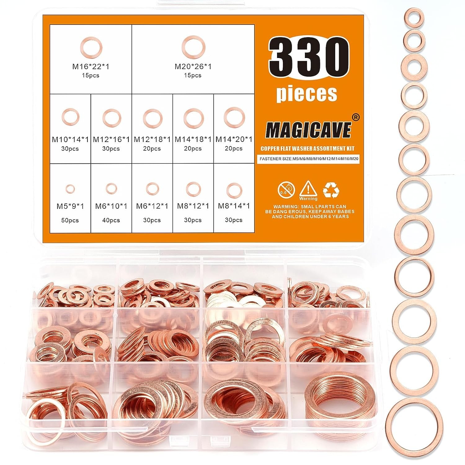 330PCS Copper Crush Washer Assortment Kit M5-M20 Metric Copper Sealing Washers